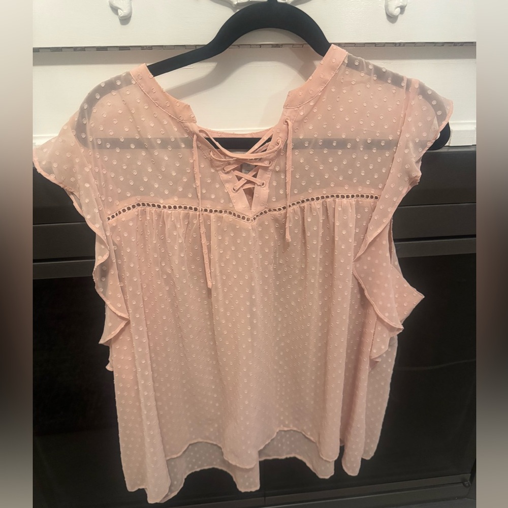 Pink Swiss dot patterned sheer blouse